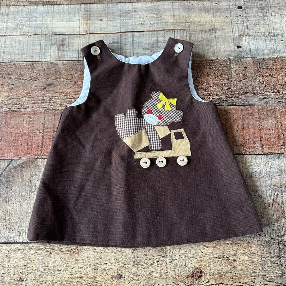 Chocolate Soup Vintage Baby Girls Jumper Dress with Bear and Truck -M